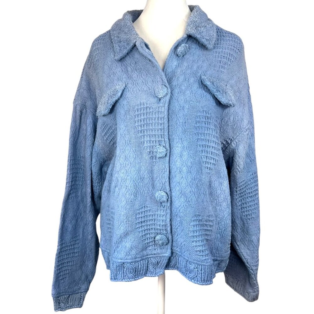 Vintage Blue Knit Cardigan Heavy Cotton Textured Button Front Size Large